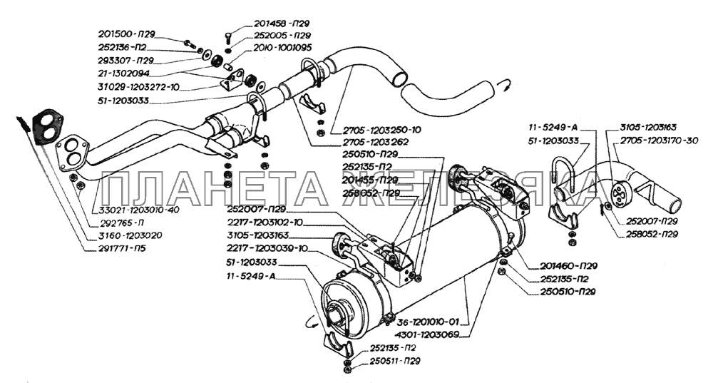 Глушитель, трубы и подвеска глушителя двигателя УМЗ-4215 ГАЗ-2705 (дв. ЗМЗ-406)